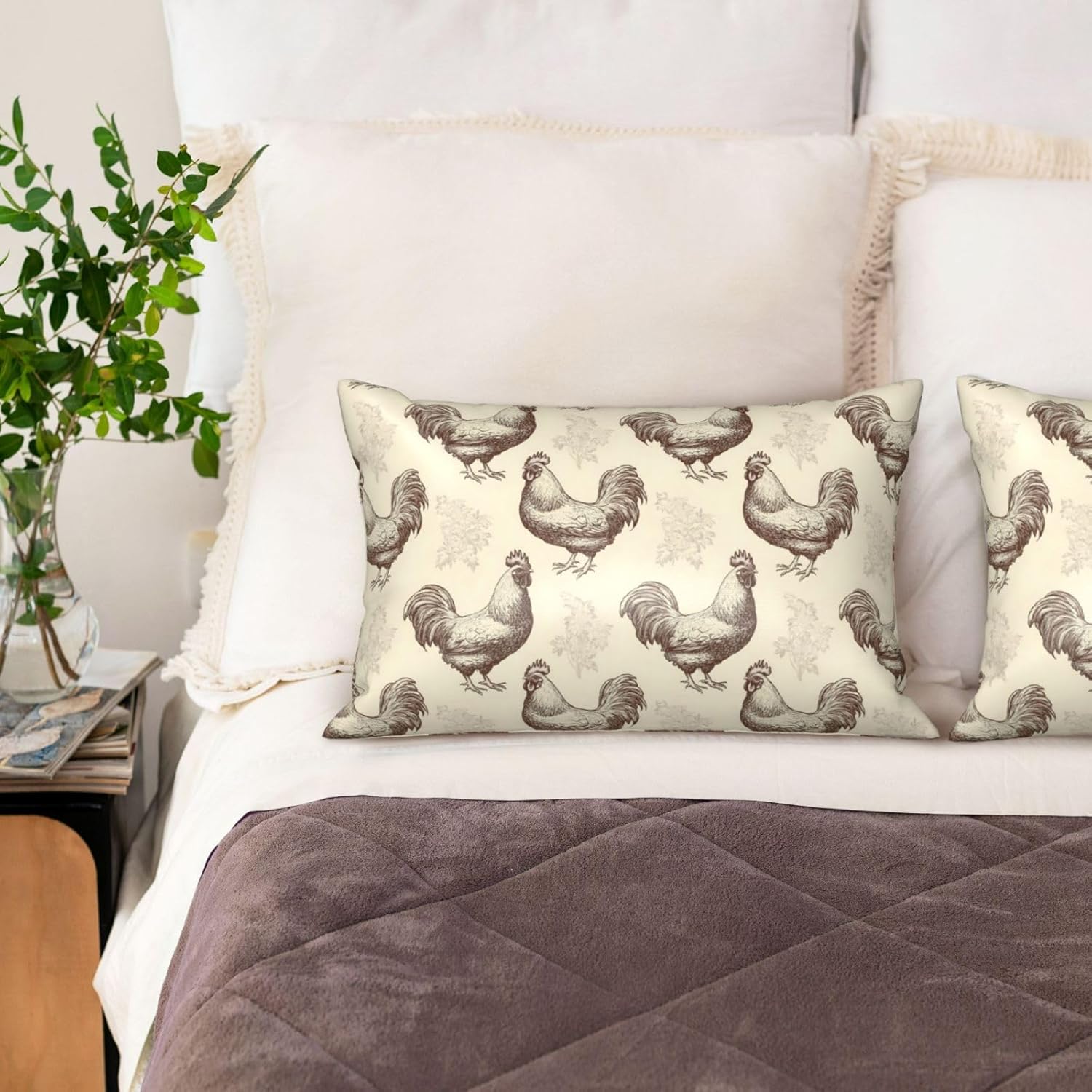 Silk Pillow Case for Hair and Skin Queen - Cooling Sleep Sketch Chicken Print Throw Pillow Covers Standard Size 20x30 Inch, Soft Comfy Satin Pillowcase with Zipper for Women & Men