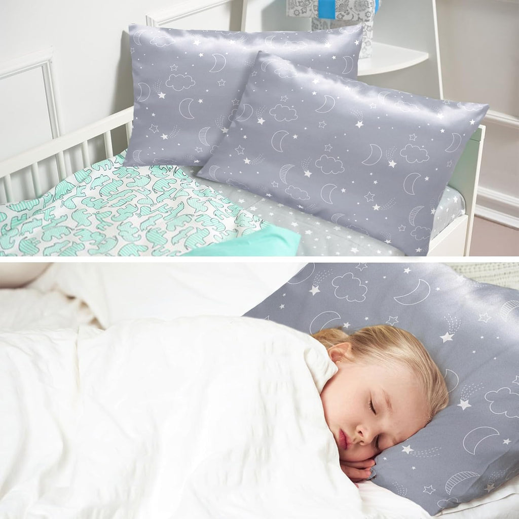 Winmany 2 Pack Toddler Pillow Cases Baby Silk Satin Pillowcases 49 x 36cm Cot Bed Envelope Pillow Cover Kids Soft Travel Pillow Pair Cases for Boys Girls Machine Washable (Grey Cloud Moon)