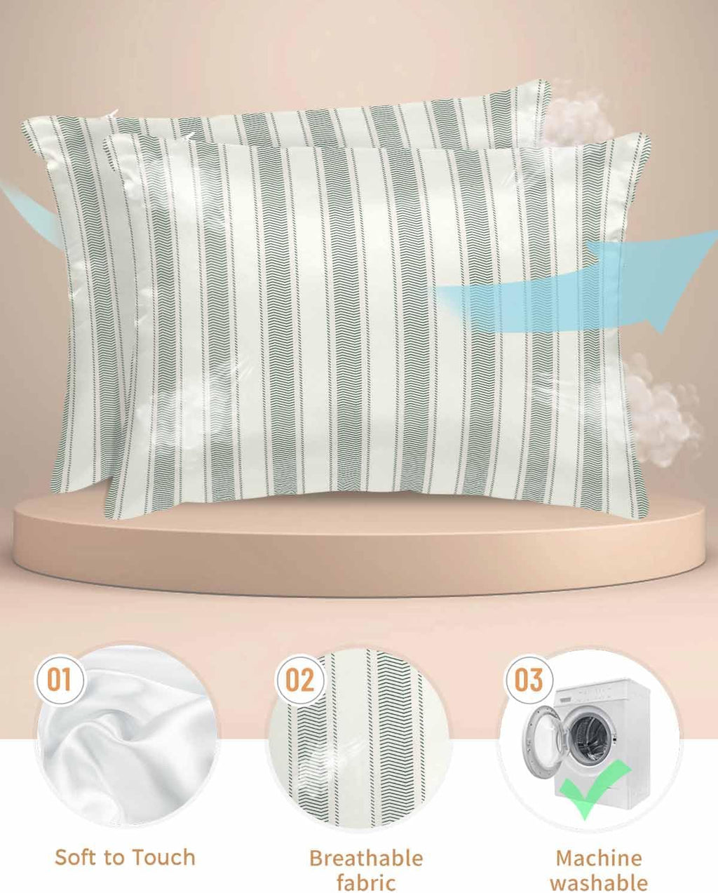 Satin Pillowcase for Hair and Skin Standard Size 2 Pack Sage Green Stripes Satin Pillow Case Soft Cool Silk Vertical Striped Line Pillowcases with Hidden Zipper Throw Pillow Covers 20x26 Inch