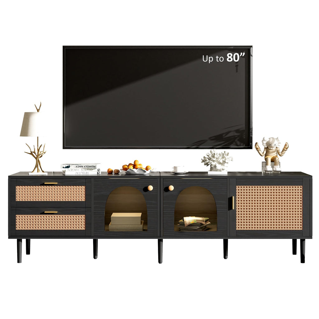 Merax Rattan TV Stand with LED Lights, 70" Entertainment Center with 3 Cabinets & 2 Drawers Media Console Table for TVs Up to 80", Solid Wood Feet, Living Room, Bedroom Furniture