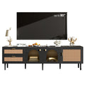 Merax Rattan TV Stand with LED Lights, 70" Entertainment Center with 3 Cabinets & 2 Drawers Media Console Table for TVs Up to 80", Solid Wood Feet, Living Room, Bedroom Furniture