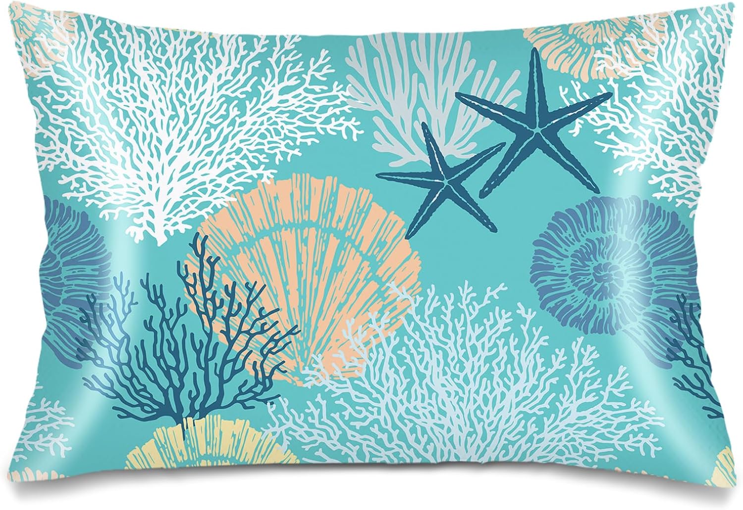 Silk Satin Pillowcase for Hair and Skin,Beach Theme Throw Pillow Cover Queen Size Pillowcases Envelope Closure,Coastal Pillow Covers Ocean Coral Starfish Decorative Cushion Cases,20"x30",Teal