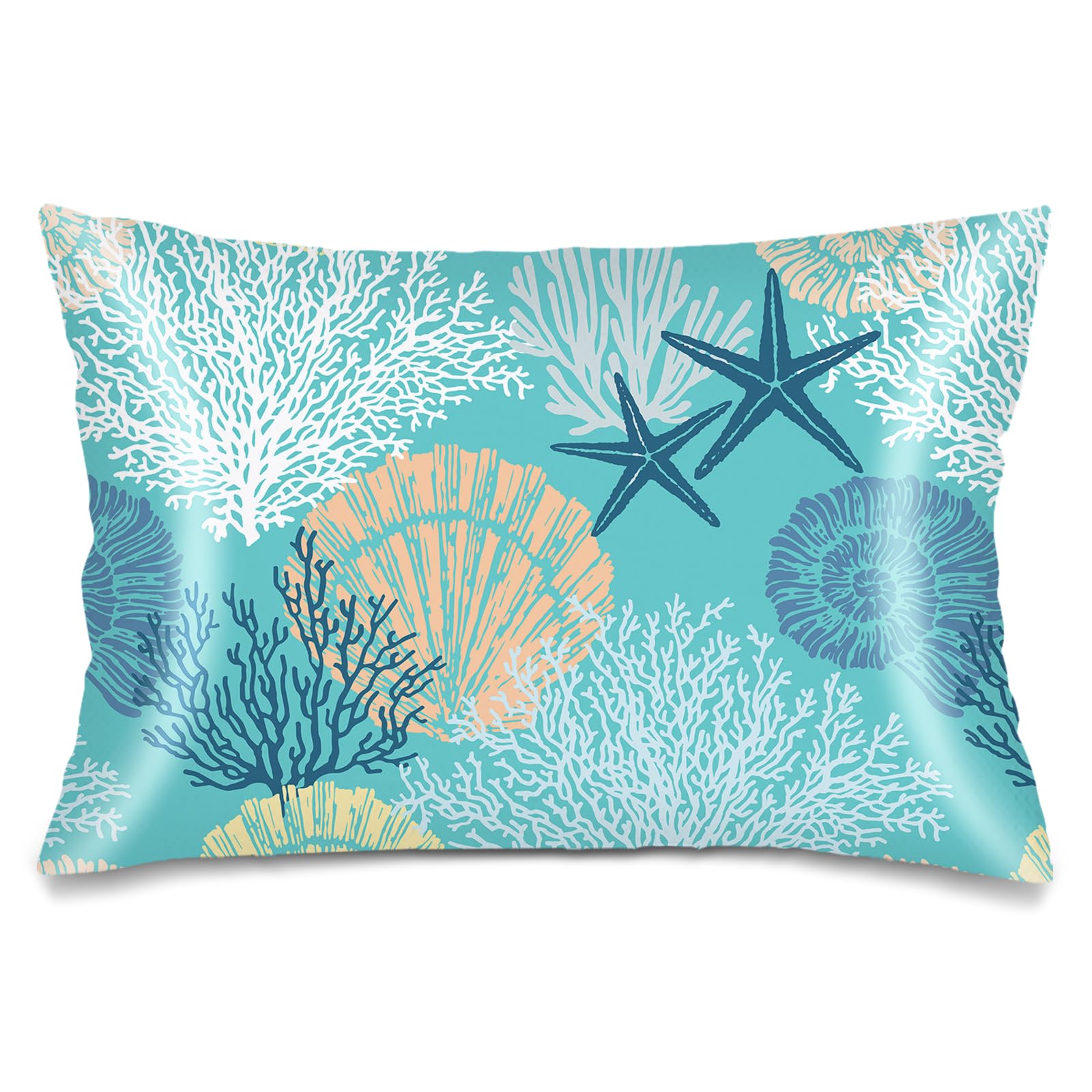 Silk Satin Pillowcase for Hair and Skin,Beach Theme Throw Pillow Cover Queen Size Pillowcases Envelope Closure,Coastal Pillow Covers Ocean Coral Starfish Decorative Cushion Cases,20"x30",Teal