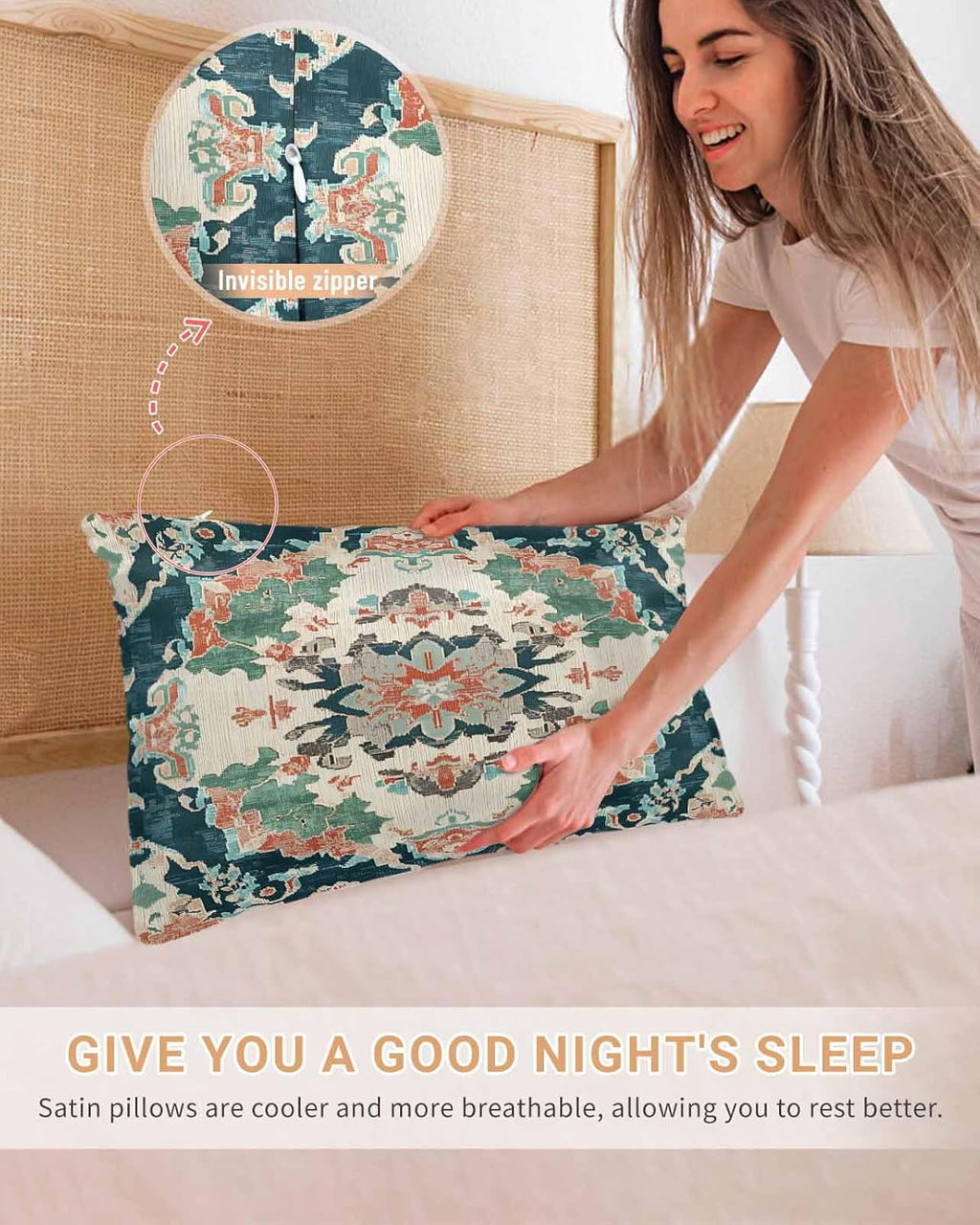 Satin Pillowcases Standard Size, Teal Green Boho Floral Silk Pillow Cases for Hair and Skin with Zipper 2 Pack, Southwestern Ethnic Flowers Retro Smooth Throw Pillow Covers for Sleeping, 20"x26"