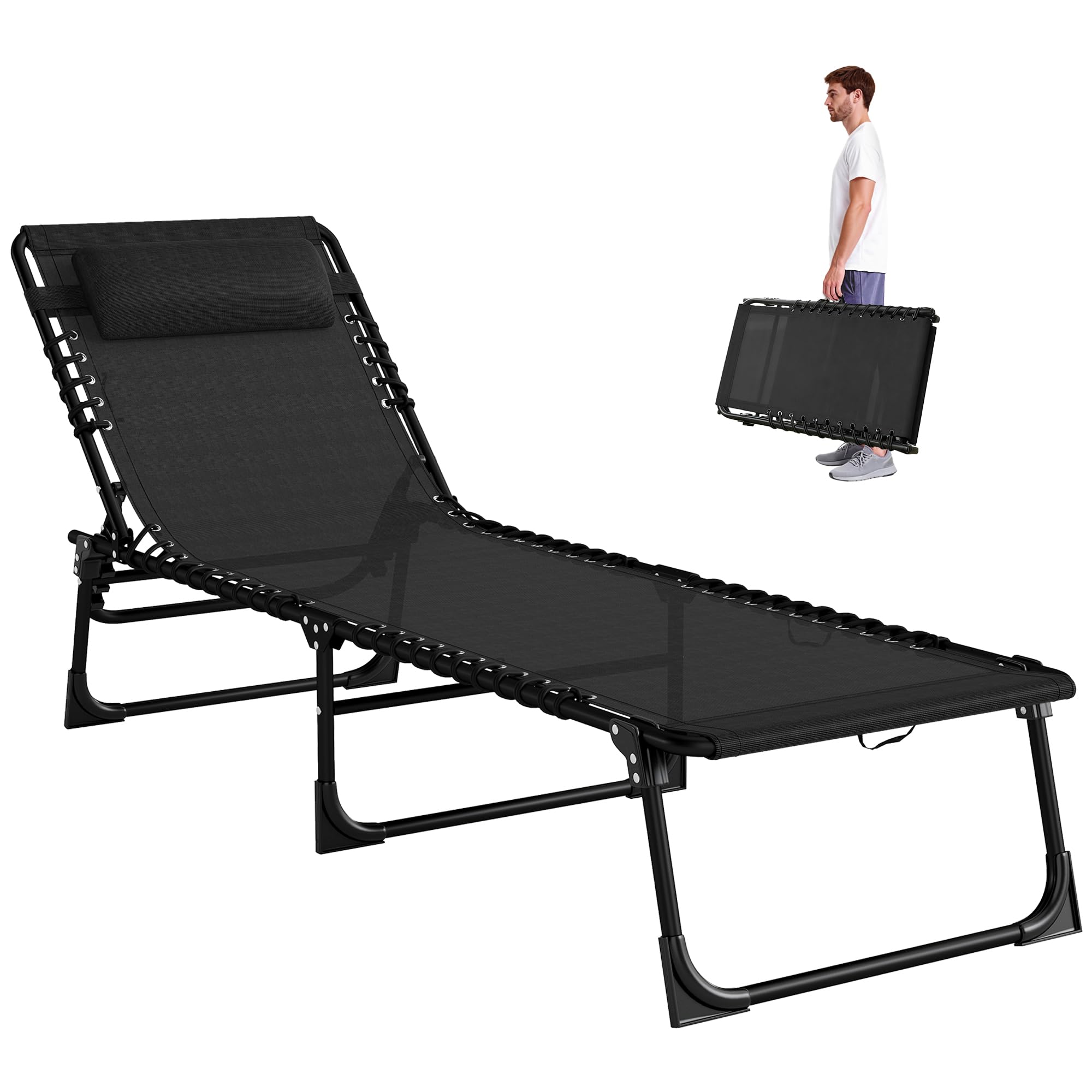 Outsunny Folding Chaise Lounge Chair Set of 2, Patio Sun Tanning Chair, Outdoor Chaise Lounger with 4-Position Reclining Back, Breathable Mesh Seat for Beach, Poolside, Cream