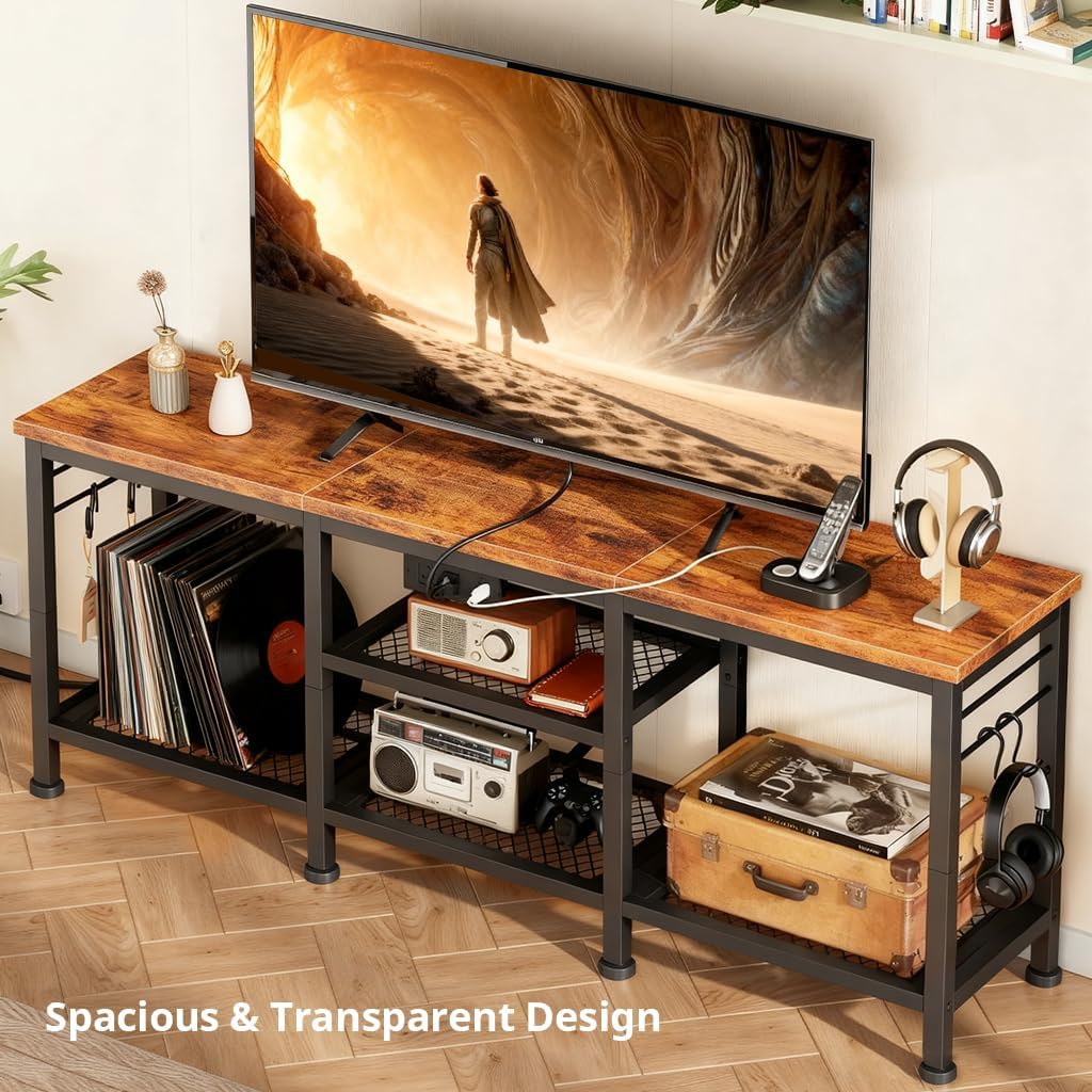 LUCKLIFE TV Stand with Charging Station for TVs up to 55 Inch,Rustic Wood Entertainment Center with 3-Tier Storage Shelves,Modern TV Media Console Table with 4 Hooks for Living Room,Bedroom(Brown)