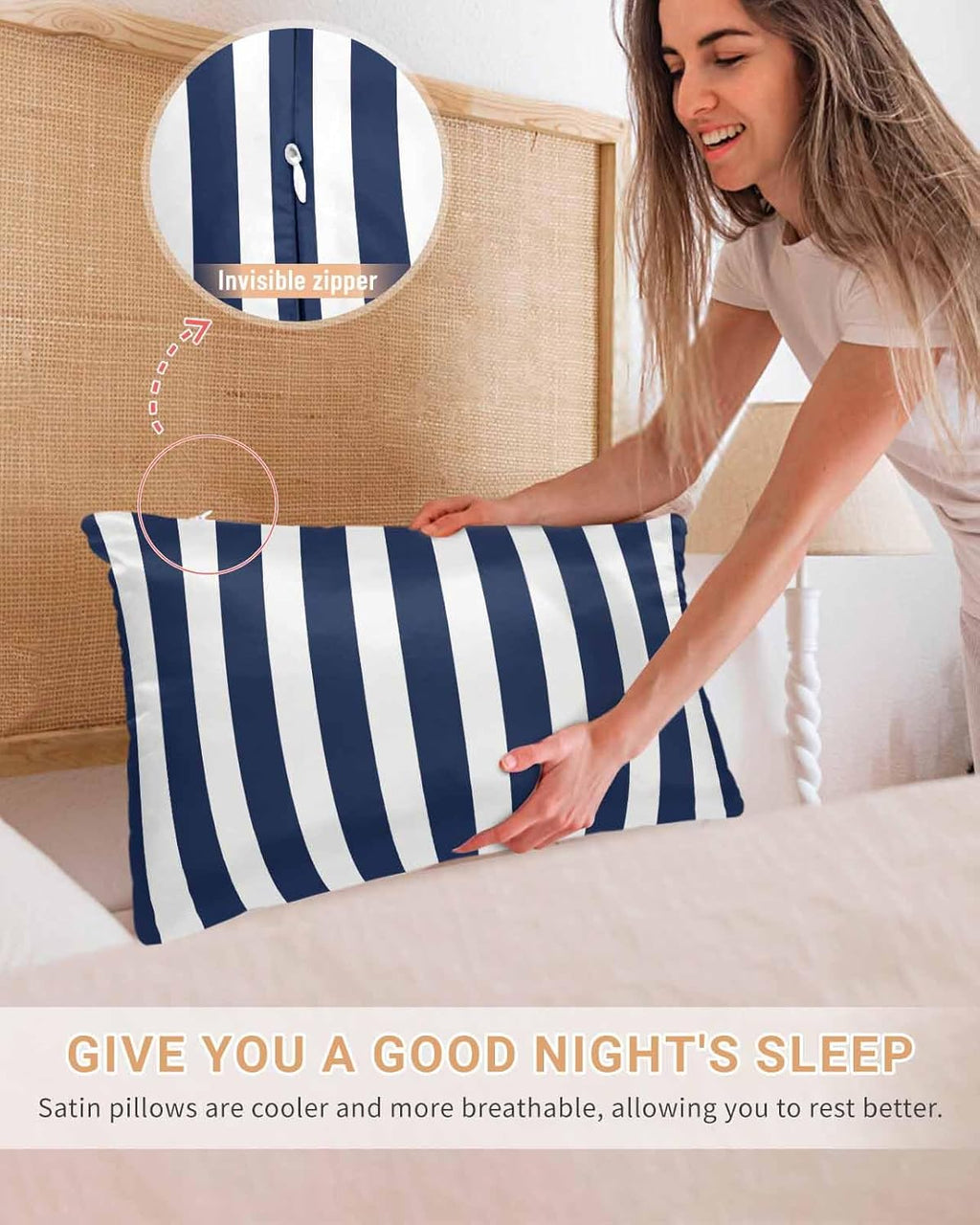 Navy Blue Stripes Satin Pillowcase for Hair and Skin with Zipper, Soft Breathable Cooling Silk Pillow Cases,Farmhouse White Simple Vertical Striped Throw Pillow Covers Standard Size 20''x26'' Set of 2