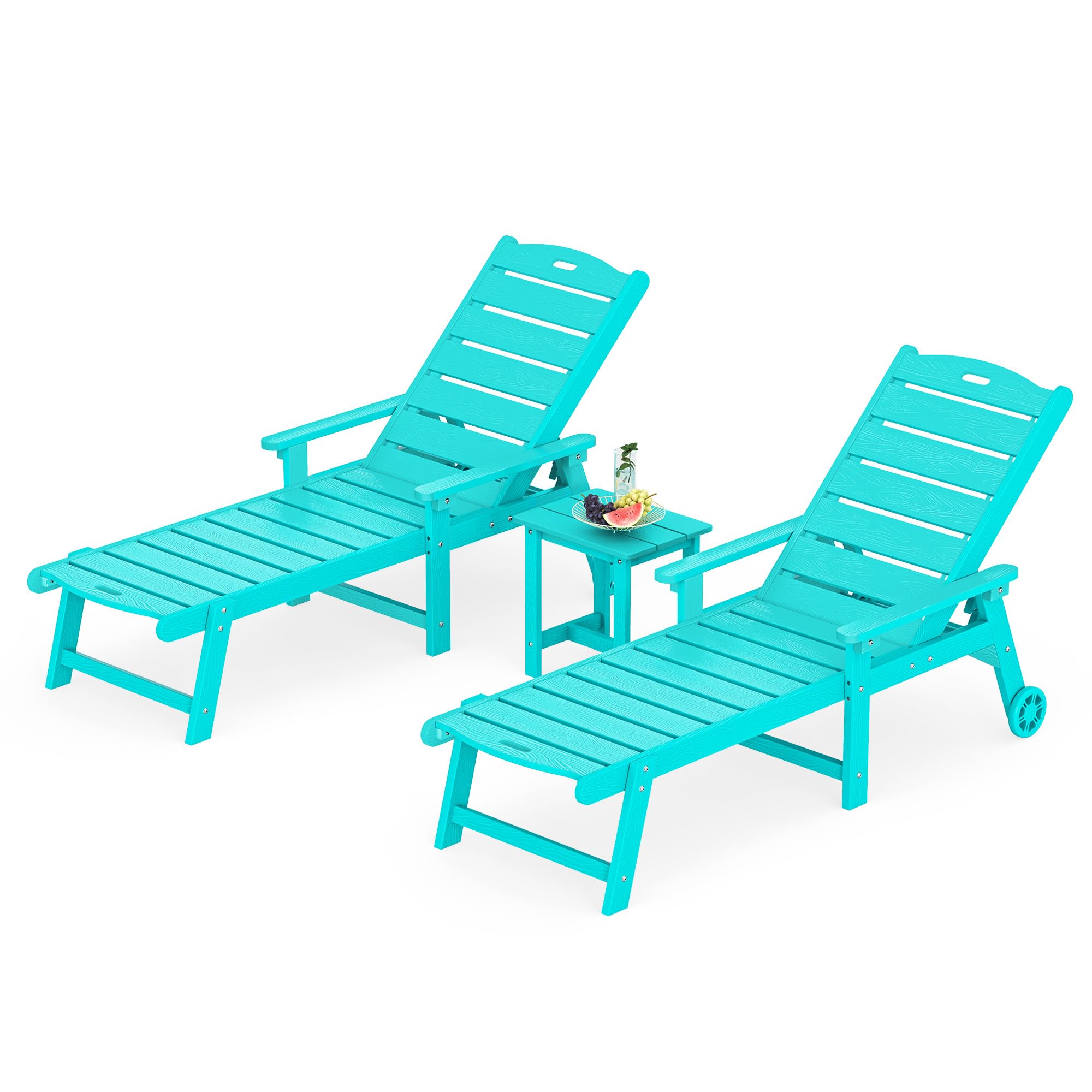 LUE BONA Outdoor Chaise Lounge Chairs Set of 2, HDPS Chaise Lounger, 5 Positions Adjustable Lounge Chairs, Pool Lounge Chair with Wheels for Poolside, Patio, Restaurant, 3 Year Warranty, Teak Color