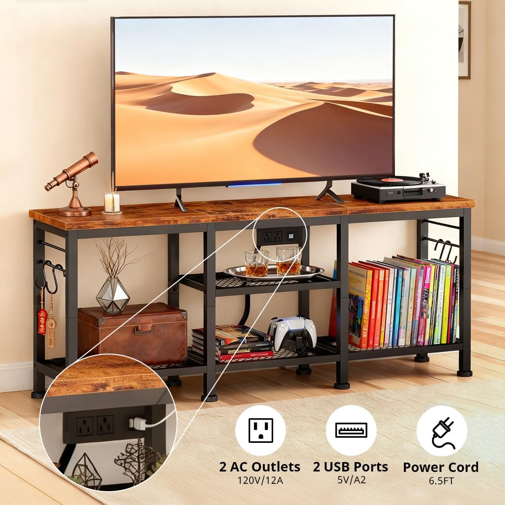 LUCKLIFE TV Stand with Charging Station for TVs up to 55 Inch,Rustic Wood Entertainment Center with 3-Tier Storage Shelves,Modern TV Media Console Table with 4 Hooks for Living Room,Bedroom(Brown)