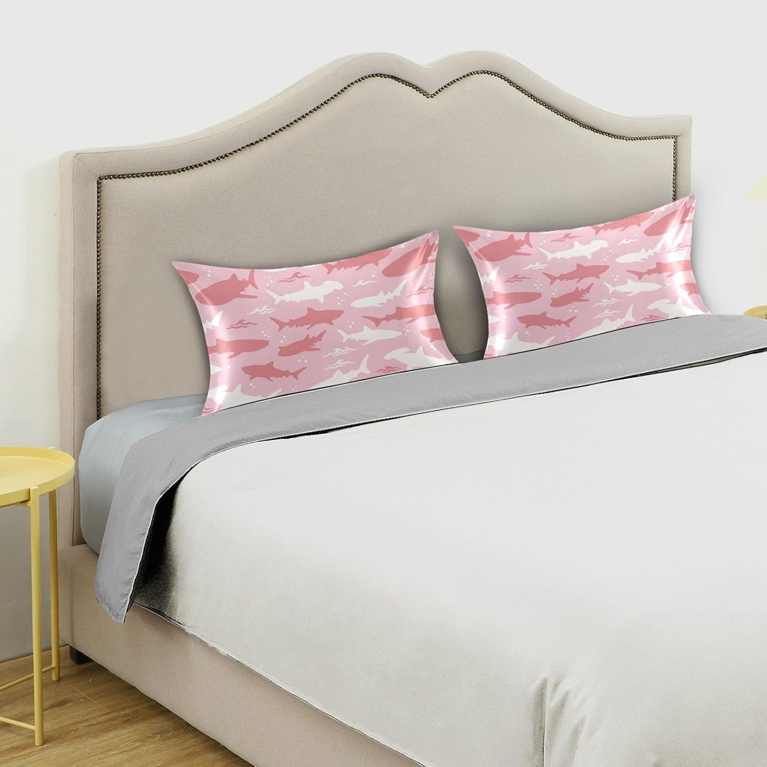 Shark Pink Print Pillow Covers Silk Pillowcase for Hair and Skin Soft and Smooth Cooling Satin Pillowcase Standard Size Pillow Case for Hot Sleepers, Night Sweats Women Bed (20x26 Inch)