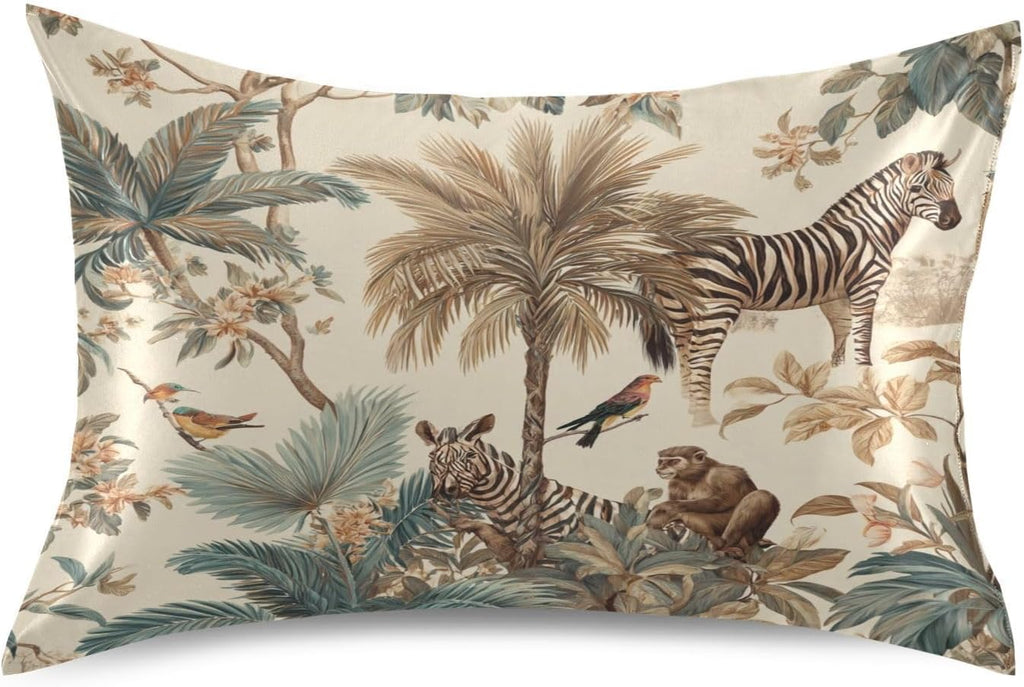 Emelivor Monkey Palms Beige Pattern Satin Pillowcase for Hair and Skin Silk Pillowcase Pillow Case with Envelope Closure Throw Pillow Cover for Sofa Hotel Home Couch Decor - Queen, 20x30in