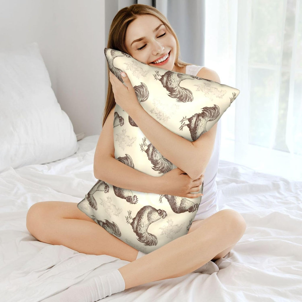 Silk Pillow Case for Hair and Skin Queen - Cooling Sleep Sketch Chicken Print Throw Pillow Covers Standard Size 20x30 Inch, Soft Comfy Satin Pillowcase with Zipper for Women & Men