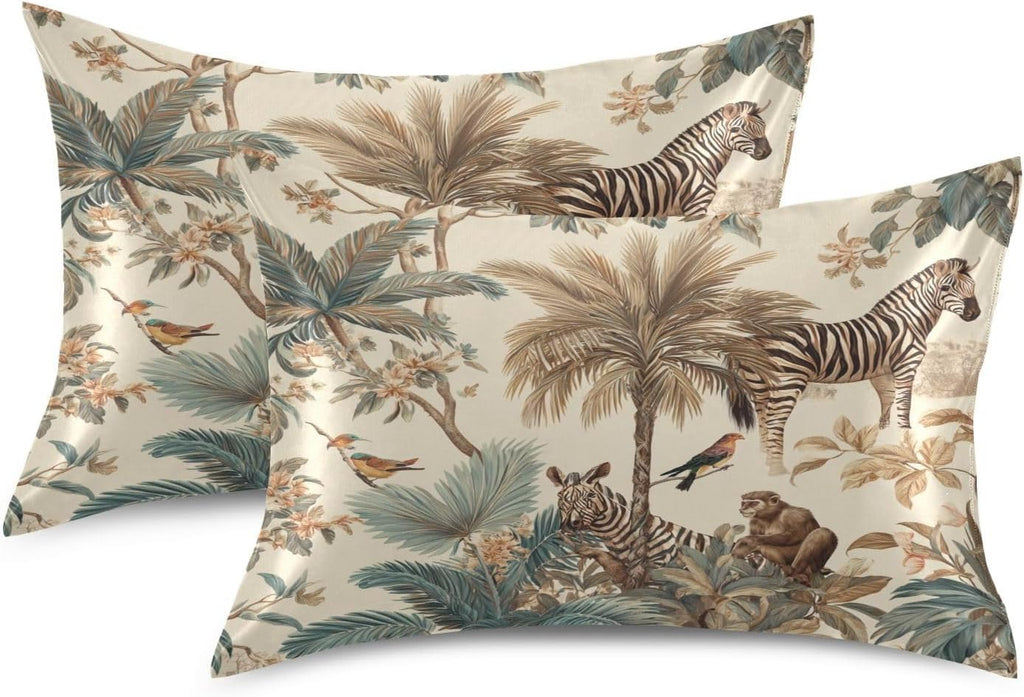 Emelivor Monkey Palms Beige Pattern Satin Pillowcase for Hair and Skin Silk Pillowcase Pillow Case with Envelope Closure Throw Pillow Cover for Sofa Hotel Home Couch Decor - Queen, 20x30in