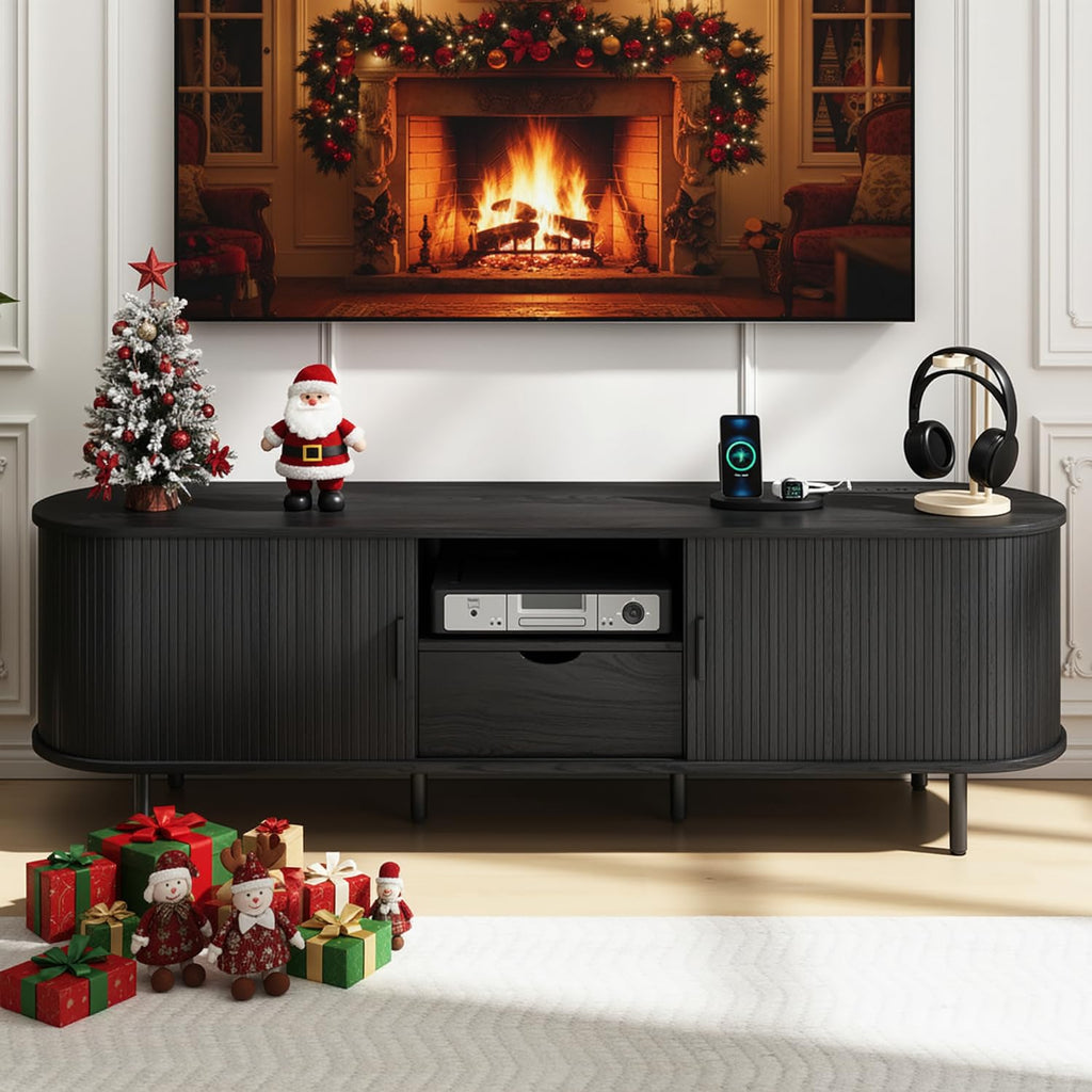 69" Mid-Century TV Stand with Power Outlet, Fluted Entertainment Center with Storage Drawer, TV Console with Sliding Door and Adjustable Shelves, TV Stand up to 80" for Living Room, Bedroom, Walnut