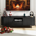 69" Mid-Century TV Stand with Power Outlet, Fluted Entertainment Center with Storage Drawer, TV Console with Sliding Door and Adjustable Shelves, TV Stand up to 80" for Living Room, Bedroom, Walnut