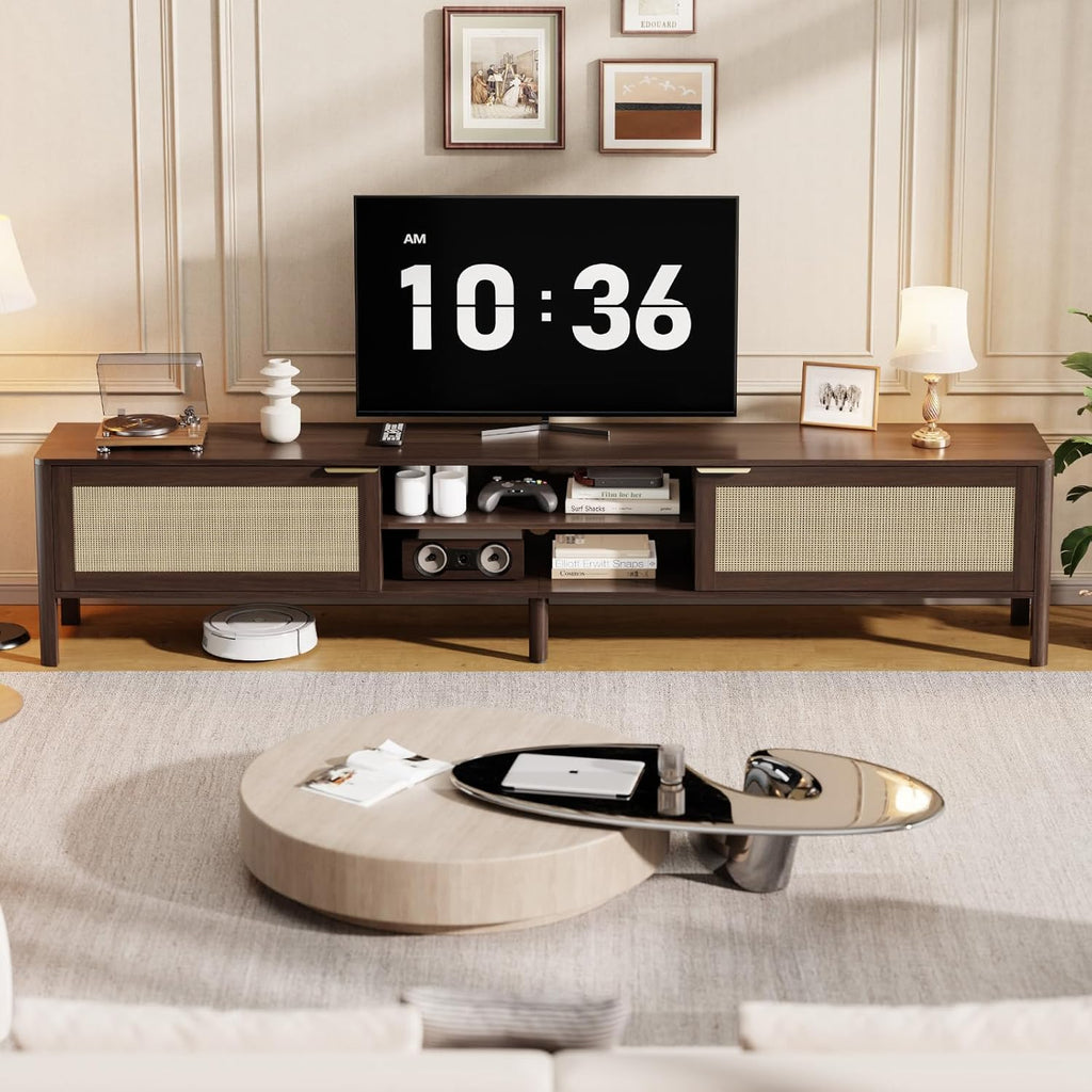 Rattan TV Stand for Living Room - Fits up to 80 Inch TVs, Rattan Media Console Table with Adjustable Shelves & 2 Storage Cabinets, Mid-Century Modern Entertainment Center, Walnut 71"