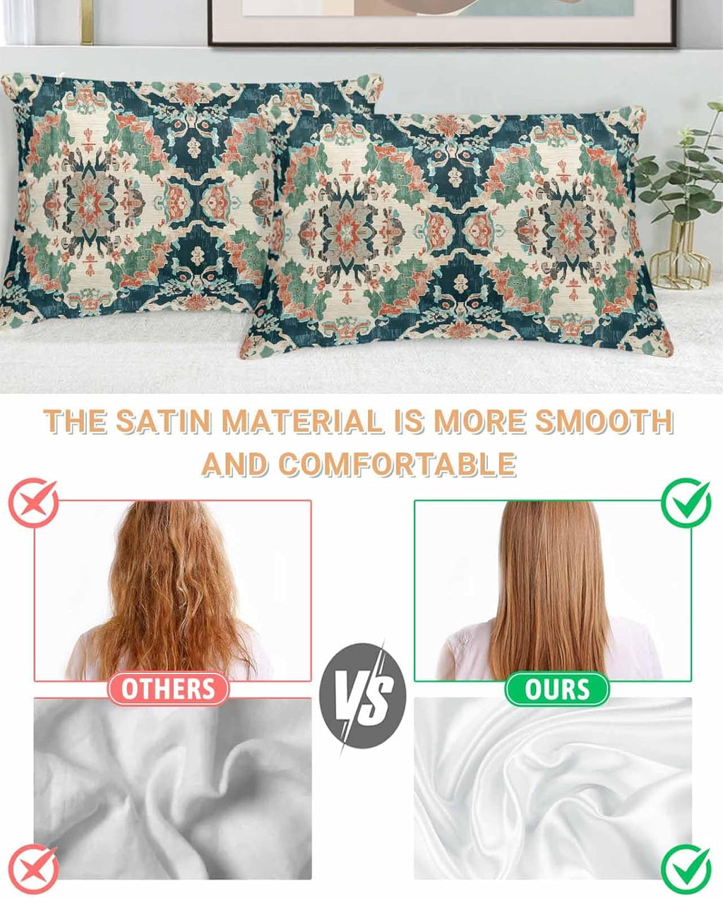 Satin Pillowcases Standard Size, Teal Green Boho Floral Silk Pillow Cases for Hair and Skin with Zipper 2 Pack, Southwestern Ethnic Flowers Retro Smooth Throw Pillow Covers for Sleeping, 20"x26"