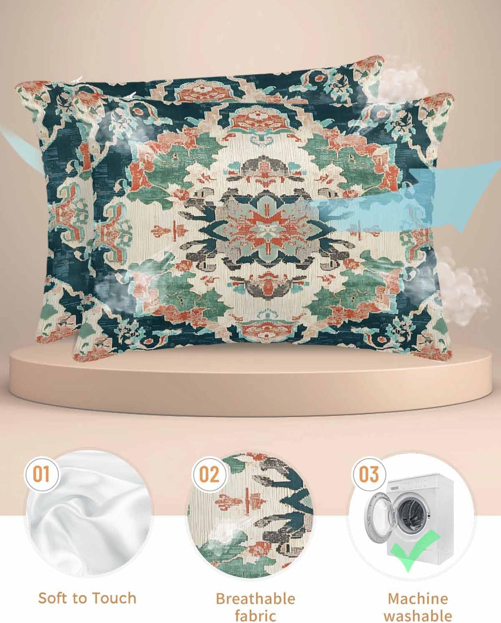 Satin Pillowcases Standard Size, Teal Green Boho Floral Silk Pillow Cases for Hair and Skin with Zipper 2 Pack, Southwestern Ethnic Flowers Retro Smooth Throw Pillow Covers for Sleeping, 20"x26"