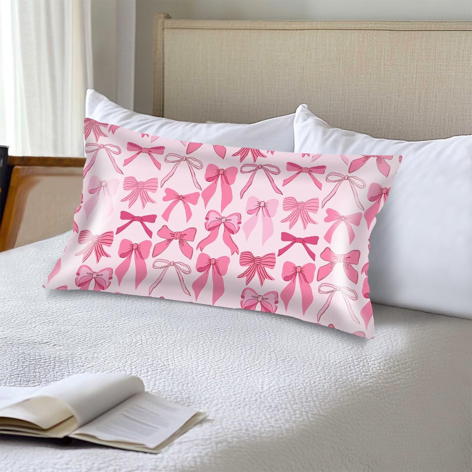 Pink Ribbon Bow Silk Satin Pillowcase for Hair and Skin,Throw Pillow Cover Queen Size Pillowcases Envelope Closure,Rectangle Pillow Covers Decorative Cushion Cases for Bed,Sofa,20"x30",Peach