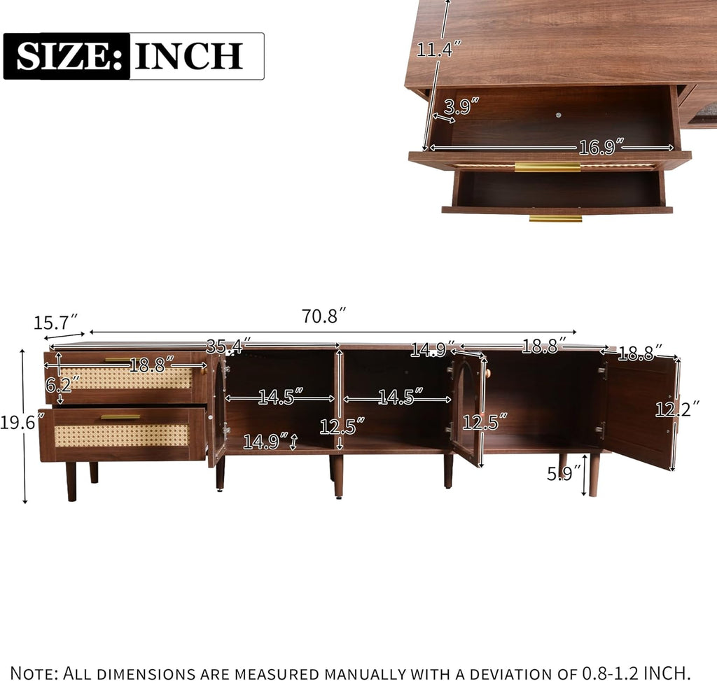 Merax Rattan TV Stand with LED Lights, 70" Entertainment Center with 3 Cabinets & 2 Drawers Media Console Table for TVs Up to 80", Solid Wood Feet, Living Room, Bedroom Furniture