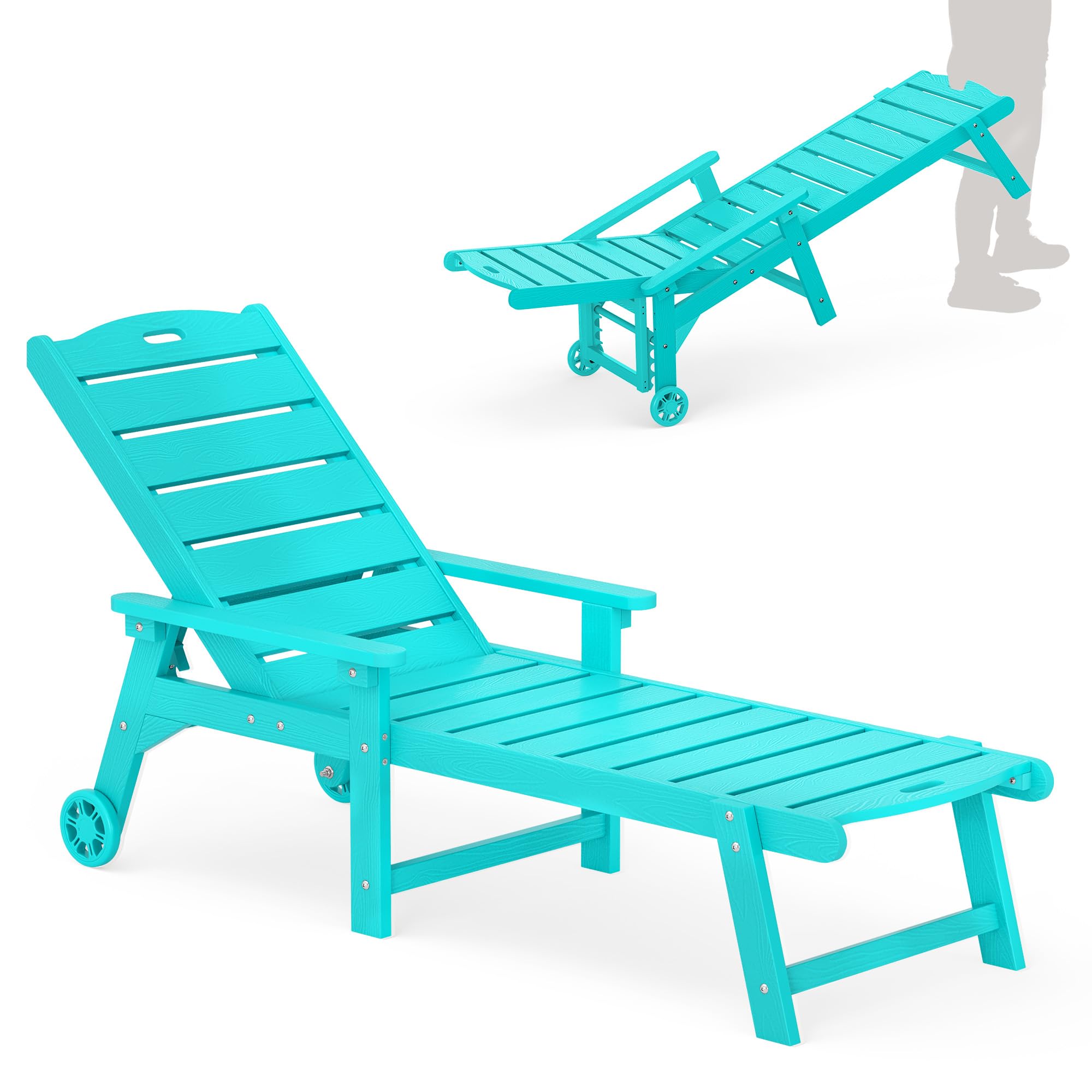 LUE BONA Outdoor Chaise Lounge Chairs Set of 2, HDPS Chaise Lounger, 5 Positions Adjustable Lounge Chairs, Pool Lounge Chair with Wheels for Poolside, Patio, Restaurant, 3 Year Warranty, Teak Color