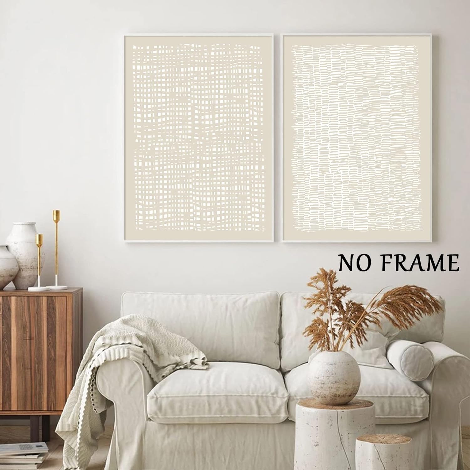 Abstract Beige Canvas Wall Art Boho Mid Century Modern Prints Line Art Paintings White Large Artwork Poster Neutral Minimalist Picture 16x24inchx3 No Frame