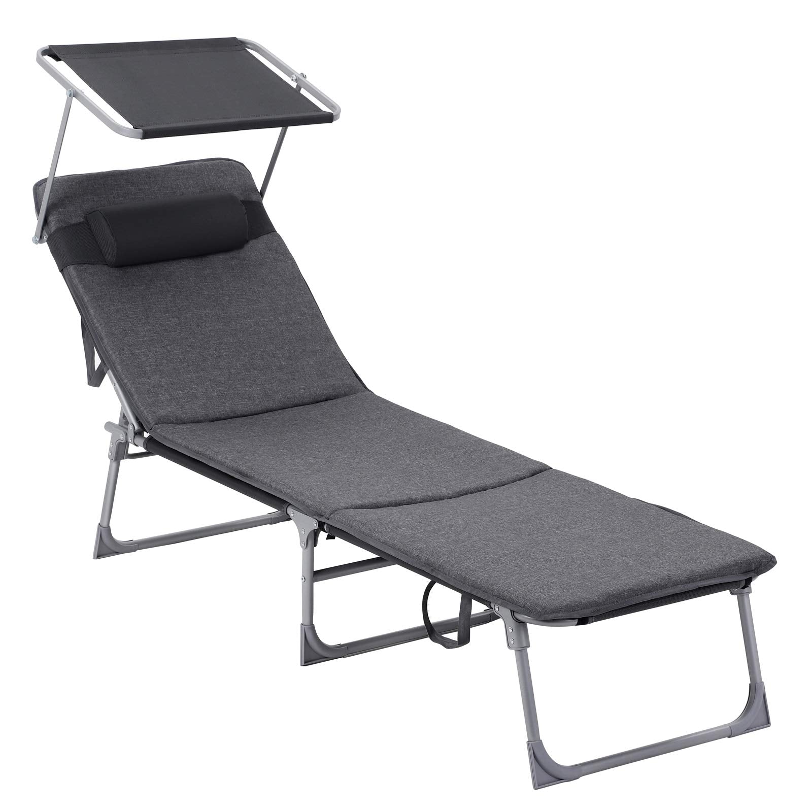 SONGMICS Sun Lounger, Patio Chaise Lounge Chair, Folding, with Canopy, 76 x 20.9 x 11.4 Inches, Holds 330 lb, Headrest, Adjustable Backrest, Outdoor Garden Pool, Dark Gray UGCB19UV1