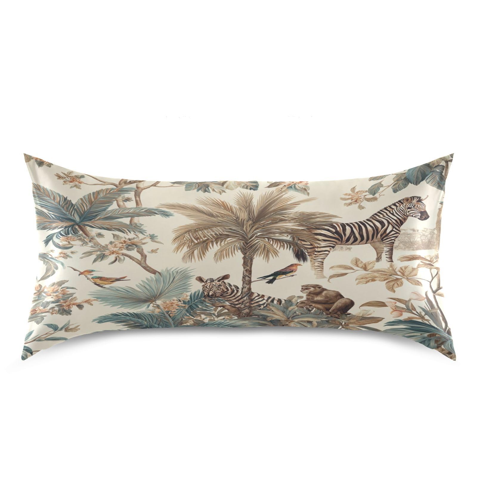 Emelivor Monkey Palms Beige Pattern Satin Pillowcase for Hair and Skin Silk Pillowcase Pillow Case with Envelope Closure Throw Pillow Cover for Sofa Hotel Home Couch Decor - Queen, 20x30in