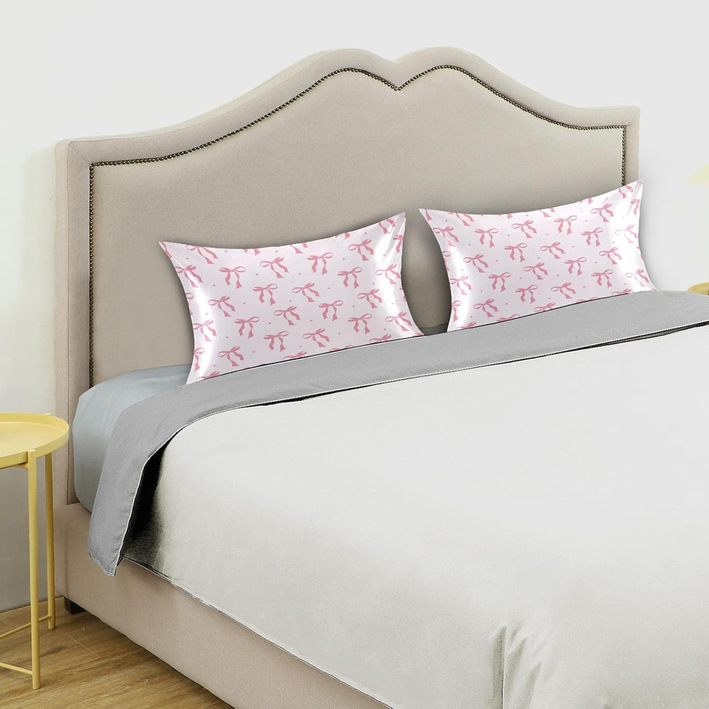 Pink Ribbon Bow Satin Pillowcase for Hair and Skin Silk Pillowcase - Satin Pillow Covers with Envelope Closure, Standard Size(20x26 inches)