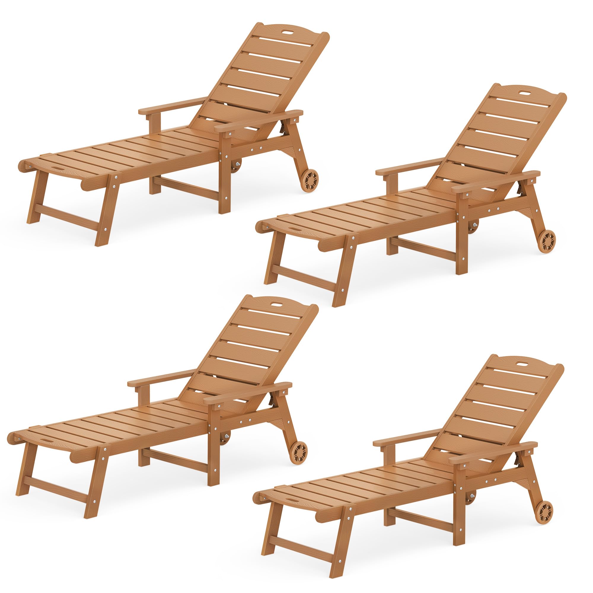 LUE BONA Outdoor Chaise Lounge Chairs Set of 2, HDPS Chaise Lounger, 5 Positions Adjustable Lounge Chairs, Pool Lounge Chair with Wheels for Poolside, Patio, Restaurant, 3 Year Warranty, Teak Color