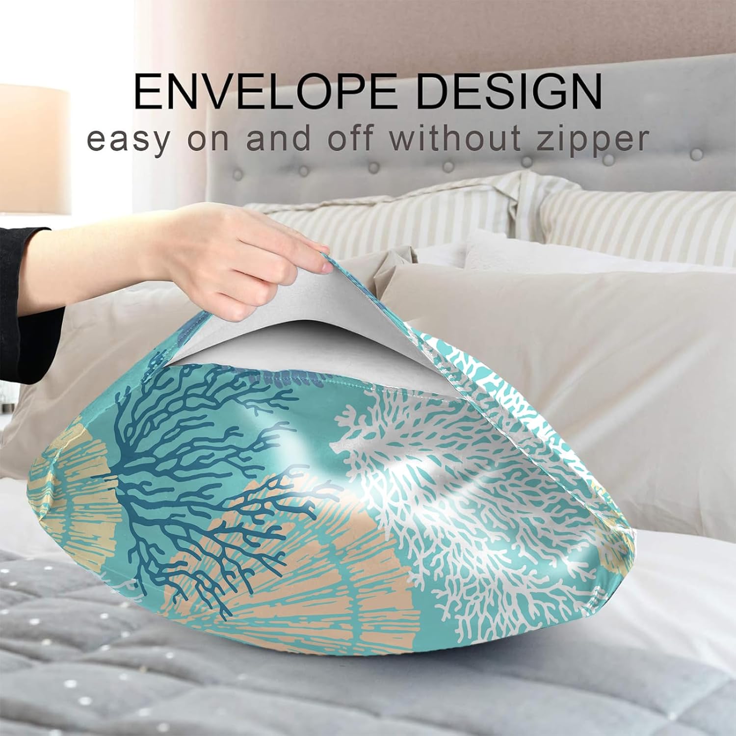 Silk Satin Pillowcase for Hair and Skin,Beach Theme Throw Pillow Cover Queen Size Pillowcases Envelope Closure,Coastal Pillow Covers Ocean Coral Starfish Decorative Cushion Cases,20"x30",Teal