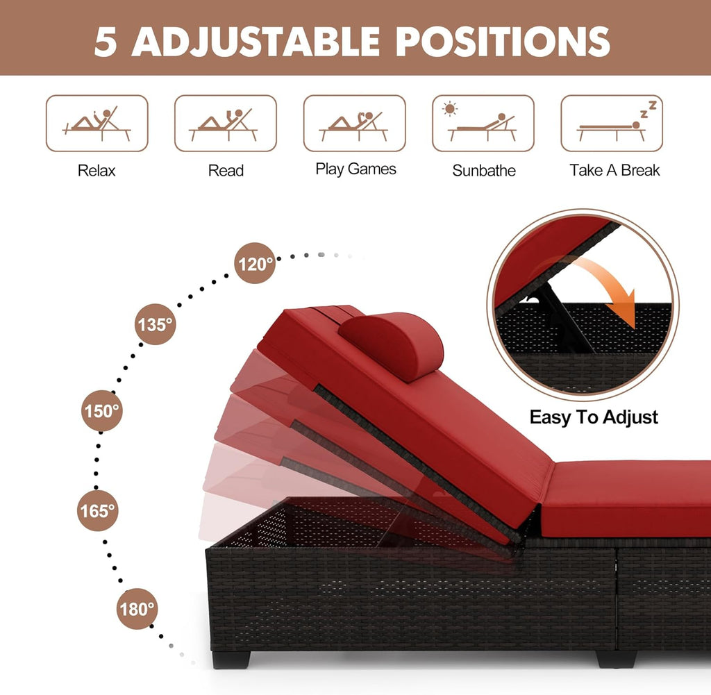 2Piece Outdoor PE Wicker Chaise Lounge Chairs, Pool Lounge Chairs Adjustable Backrest Recliners, Rattan Patio Chaise Lounger Set