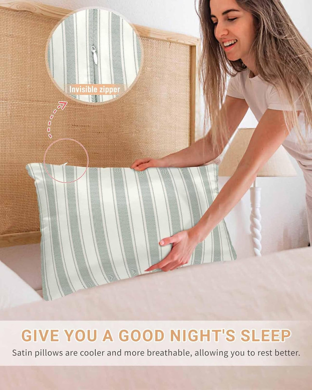 Satin Pillowcase for Hair and Skin Standard Size 2 Pack Sage Green Stripes Satin Pillow Case Soft Cool Silk Vertical Striped Line Pillowcases with Hidden Zipper Throw Pillow Covers 20x26 Inch