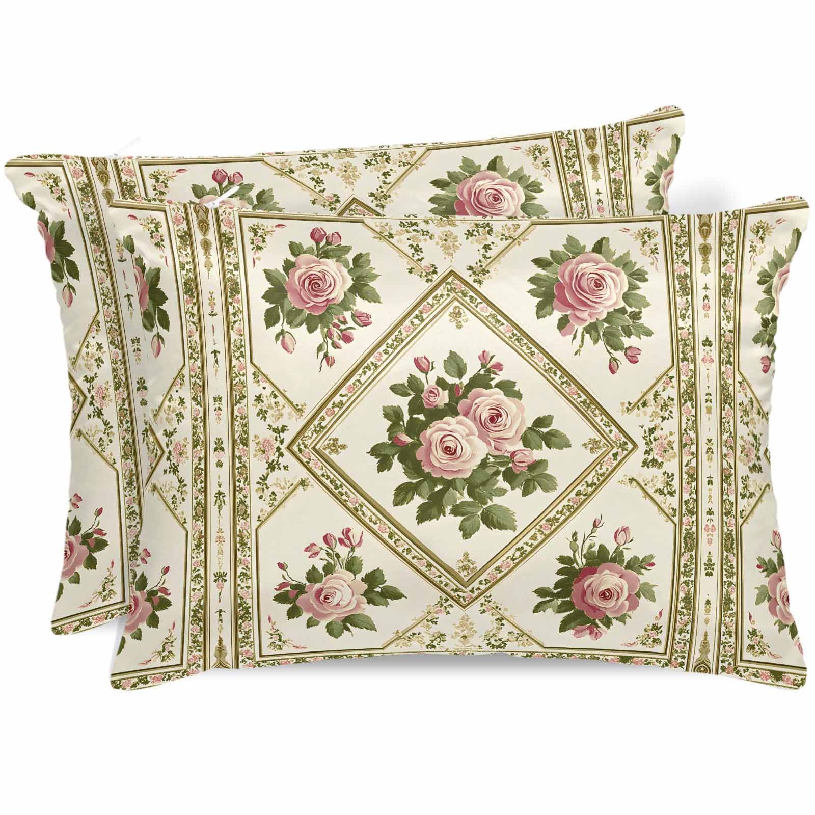 Boho Pink Floral Satin Pillowcase for Hair and Skin with Zipper, Soft Breathable Cooling Silk Pillow Cases, Spring Vintage Flower Green Leaf Throw Pillow Covers Standard Size 20"x26" Set of 2
