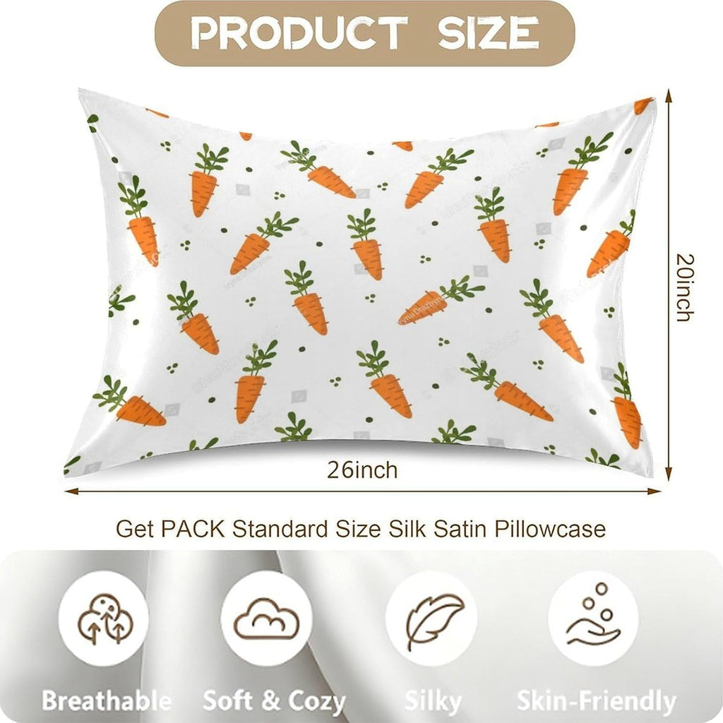 Cute Carrot Satin Pillowcase for Hair and Skin, Easter Silk Pillow Case Soft and Cozy Body Pillow Covers Standard Size with Envelope Closure (20x26 Inch)