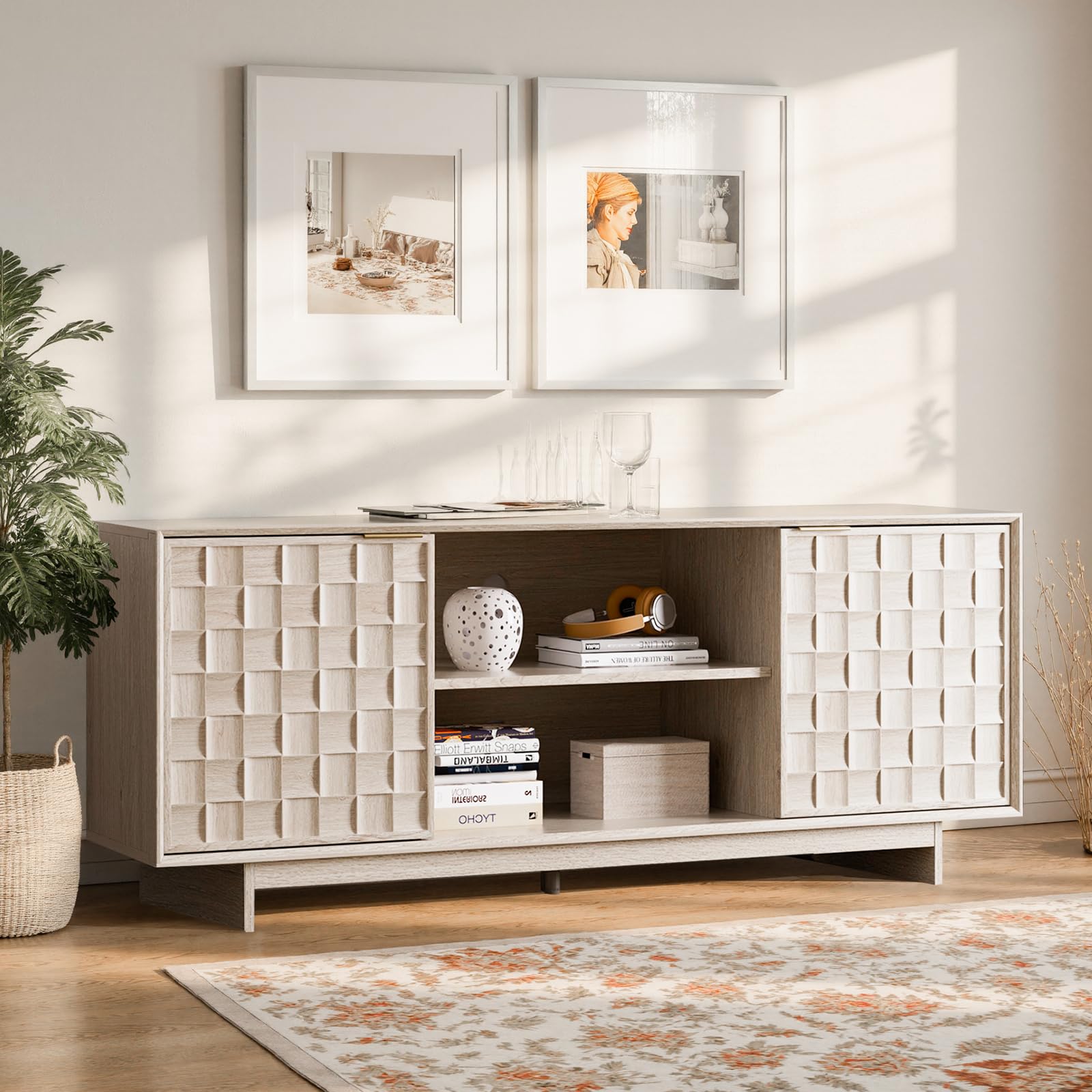 COLAMY TV Stand with Two Doors, Entertainment Center 59" with Adjustable Shelves and Storage, Mid-Century Modern TV Stand for 50/55/65 inch TV, Media Console Cabinet for Living Room, Bedroom Walnut