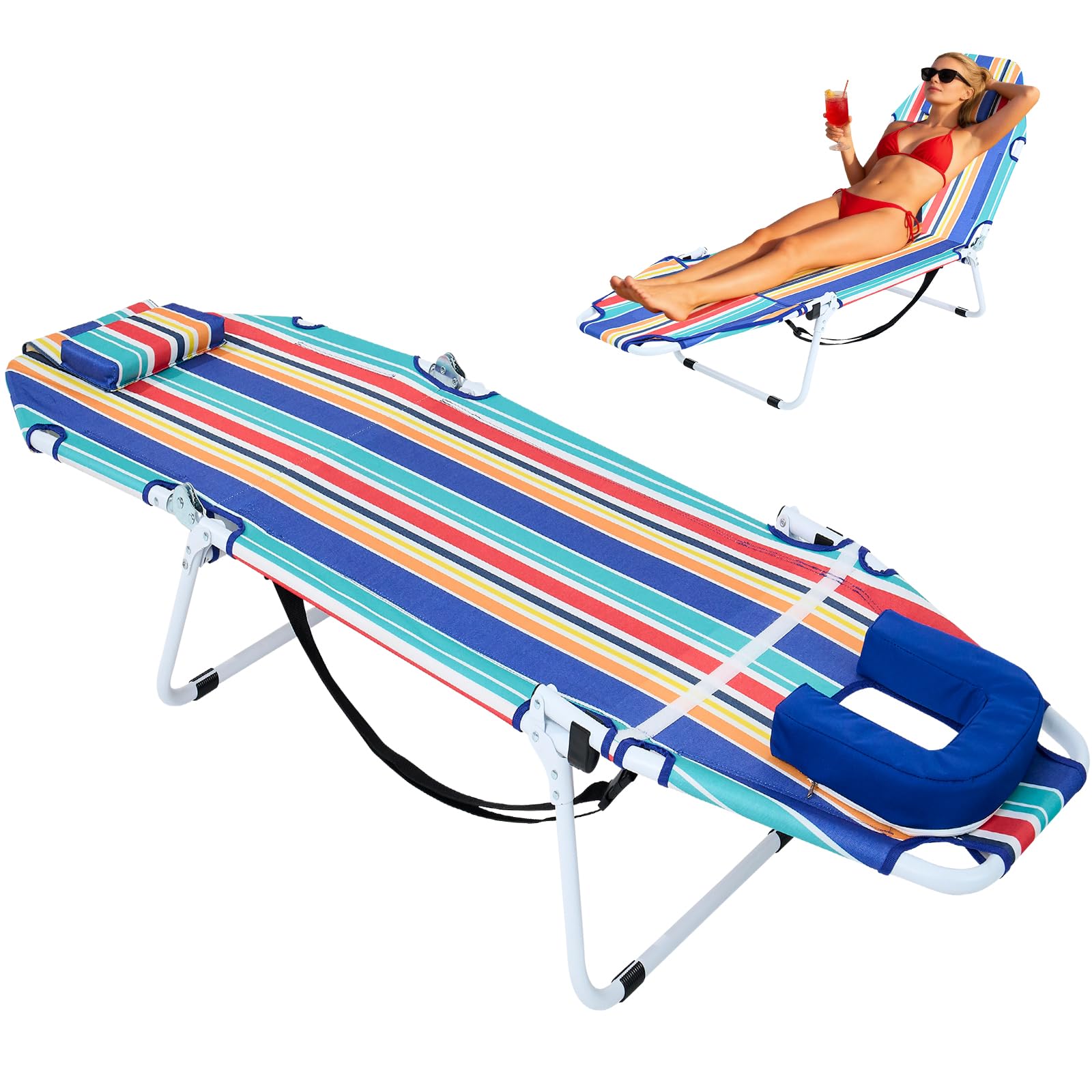 ABORON Heavy Duty Tanning Chair, Outdoor 5-Position Folding Chaise Lounge Chair with Pad, Portable Beach Lounge Chair for Outdoor Sunbathing Patio Pool Lawn Deck Poolside