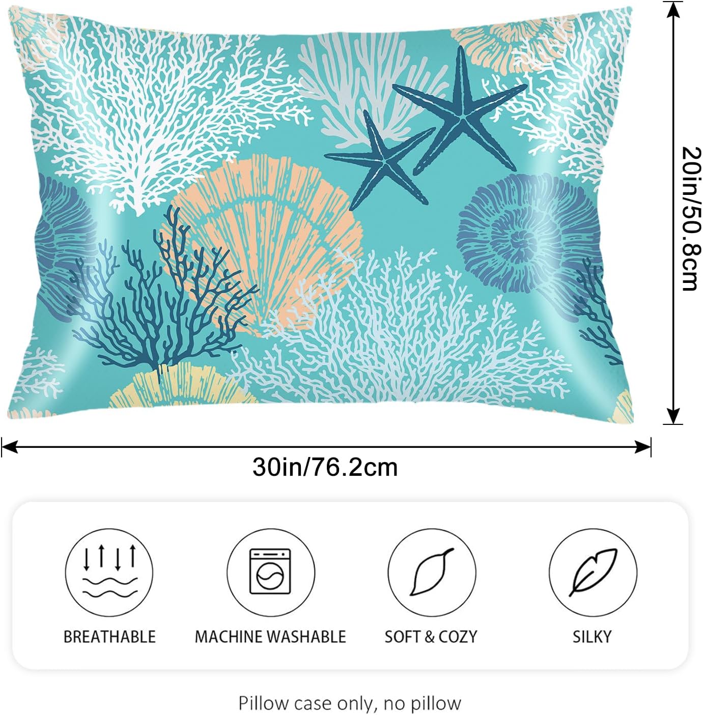 Silk Satin Pillowcase for Hair and Skin,Beach Theme Throw Pillow Cover Queen Size Pillowcases Envelope Closure,Coastal Pillow Covers Ocean Coral Starfish Decorative Cushion Cases,20"x30",Teal