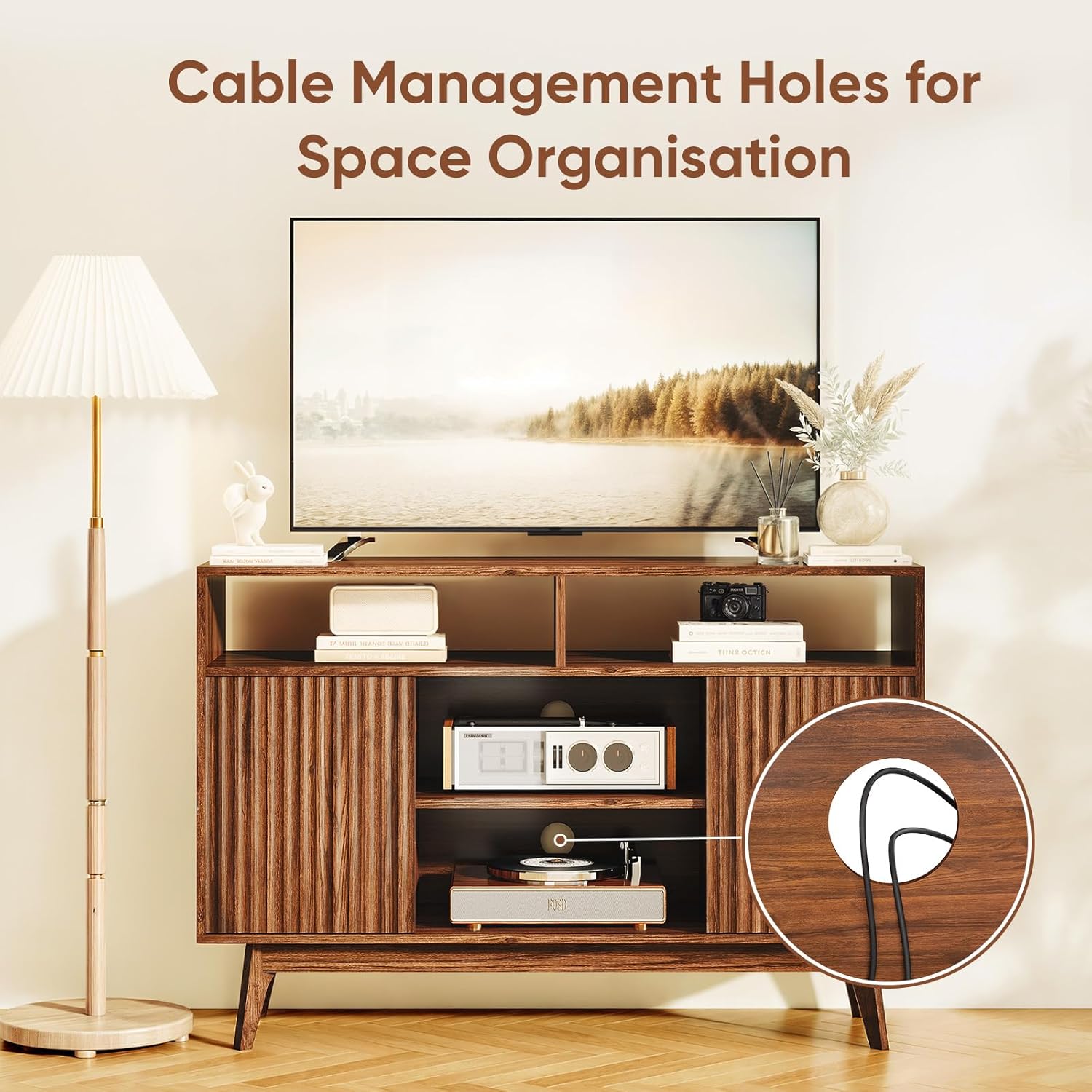 Concho Fluted TV Stand for 60 Inch TV, Modern Entertainment Center with Storage and Shelves, Wood TV Console with Solid Wood Legs, Tall Media Console, TV Cabinet for Living Room and Bedroom, Walnut