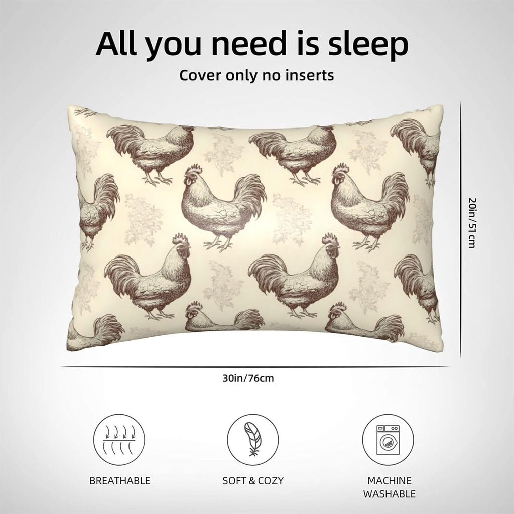 Silk Pillow Case for Hair and Skin Queen - Cooling Sleep Sketch Chicken Print Throw Pillow Covers Standard Size 20x30 Inch, Soft Comfy Satin Pillowcase with Zipper for Women & Men