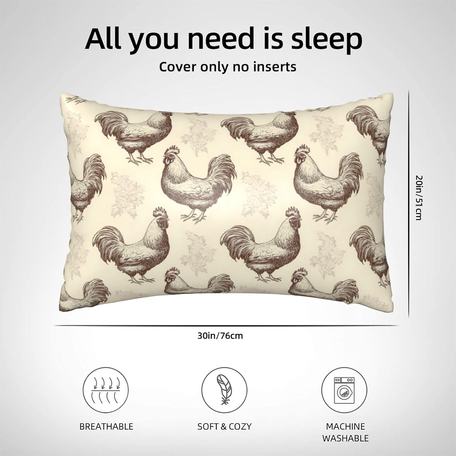 Silk Pillow Case for Hair and Skin Queen - Cooling Sleep Sketch Chicken Print Throw Pillow Covers Standard Size 20x30 Inch, Soft Comfy Satin Pillowcase with Zipper for Women & Men