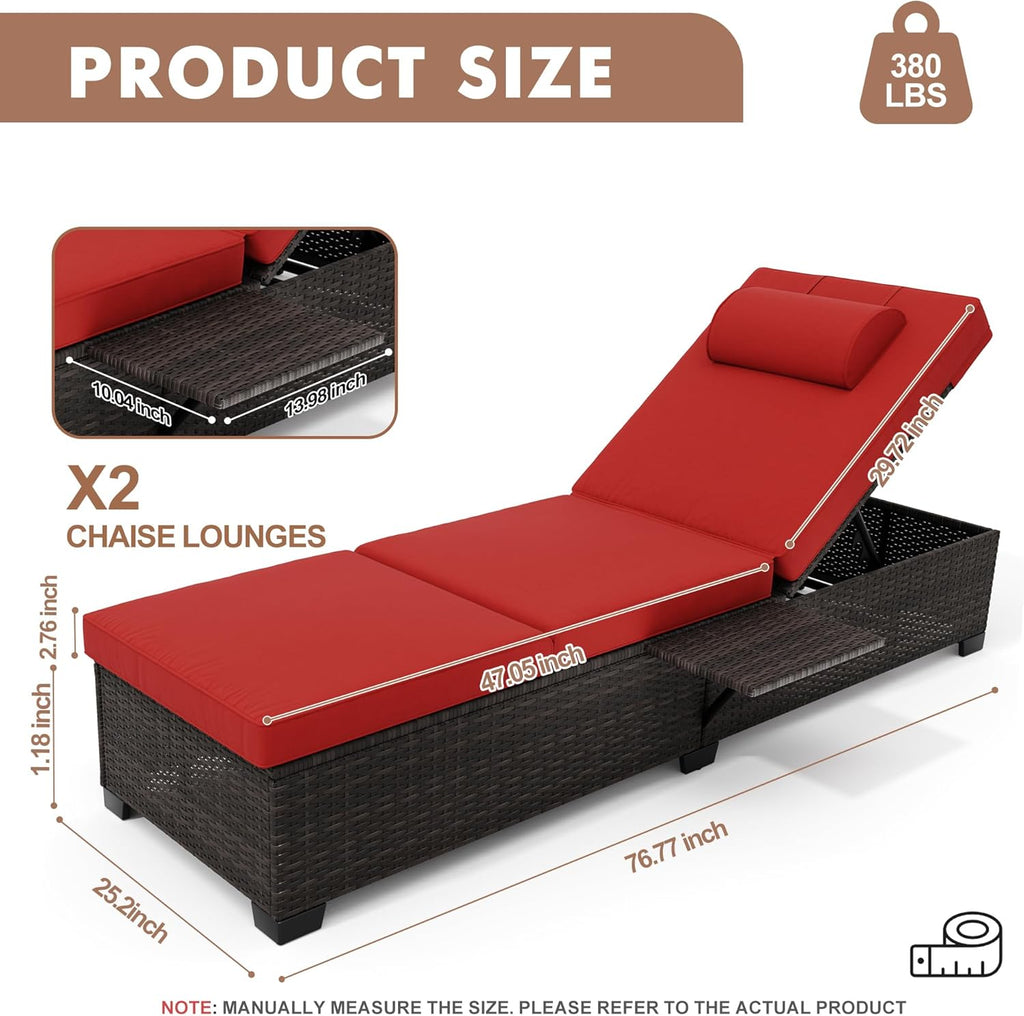 2Piece Outdoor PE Wicker Chaise Lounge Chairs, Pool Lounge Chairs Adjustable Backrest Recliners, Rattan Patio Chaise Lounger Set