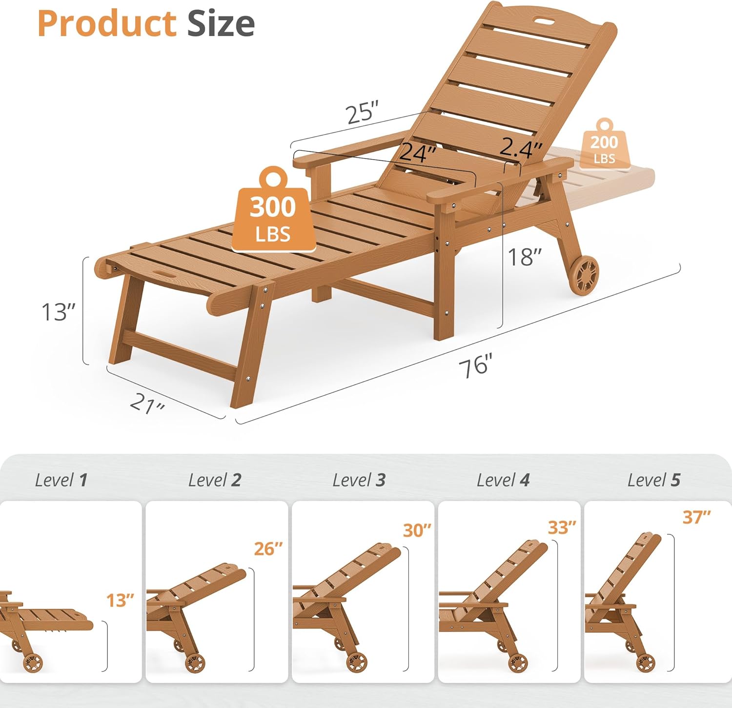 LUE BONA Outdoor Chaise Lounge Chairs Set of 2, HDPS Chaise Lounger, 5 Positions Adjustable Lounge Chairs, Pool Lounge Chair with Wheels for Poolside, Patio, Restaurant, 3 Year Warranty, Teak Color