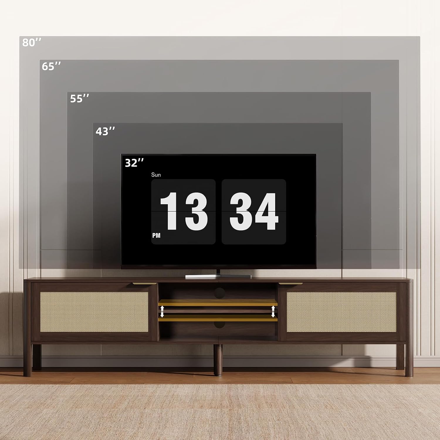 Rattan TV Stand for Living Room - Fits up to 80 Inch TVs, Rattan Media Console Table with Adjustable Shelves & 2 Storage Cabinets, Mid-Century Modern Entertainment Center, Walnut 71"