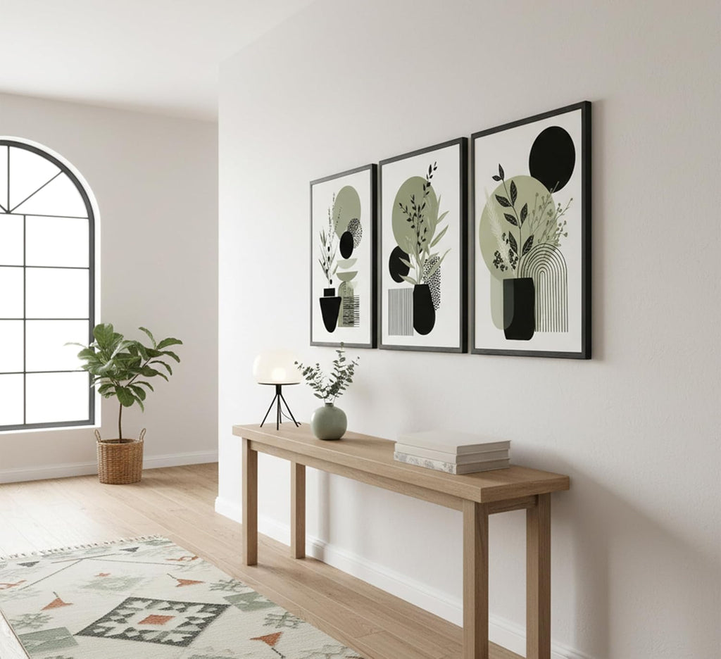 MDHFJEAW 3 Piece Sage Green Boho Wall Art - Unframed Botanical Leaf Canvas Prints, Modern Abstract Geometric Line Poster Set, Minimalist Green Wall Decor for Living Room, Bedroom, Office, 16x24 Inch