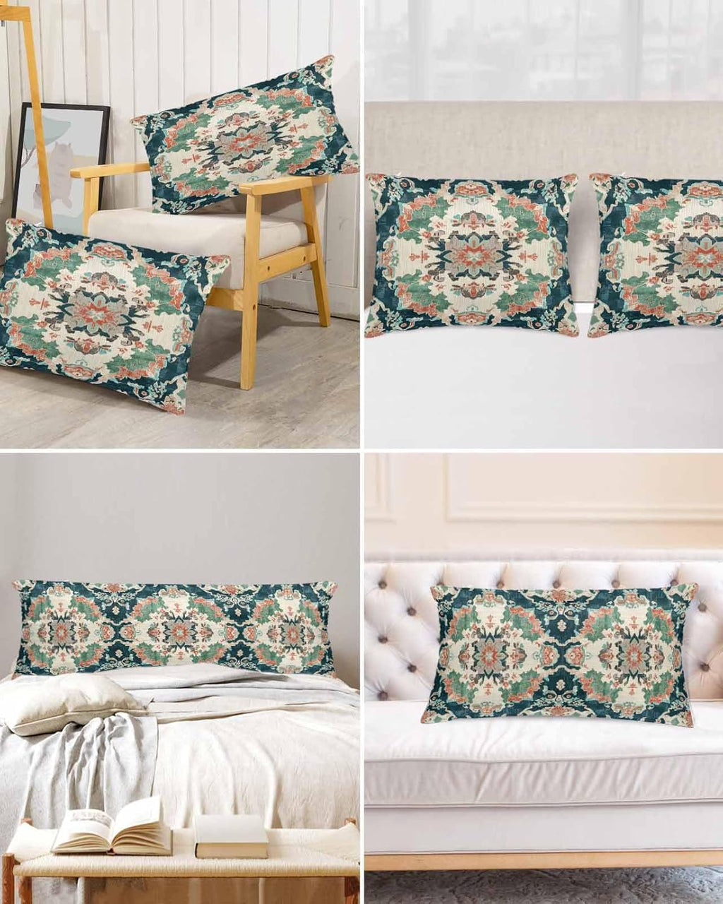 Satin Pillowcases Standard Size, Teal Green Boho Floral Silk Pillow Cases for Hair and Skin with Zipper 2 Pack, Southwestern Ethnic Flowers Retro Smooth Throw Pillow Covers for Sleeping, 20"x26"