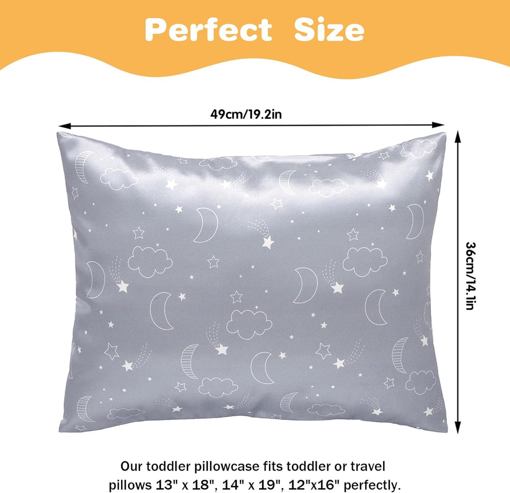 Winmany 2 Pack Toddler Pillow Cases Baby Silk Satin Pillowcases 49 x 36cm Cot Bed Envelope Pillow Cover Kids Soft Travel Pillow Pair Cases for Boys Girls Machine Washable (Grey Cloud Moon)