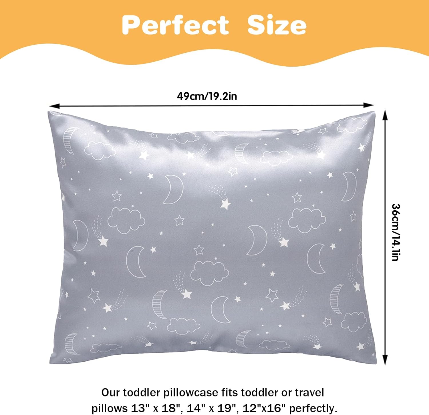 Winmany 2 Pack Toddler Pillow Cases Baby Silk Satin Pillowcases 49 x 36cm Cot Bed Envelope Pillow Cover Kids Soft Travel Pillow Pair Cases for Boys Girls Machine Washable (Grey Cloud Moon)