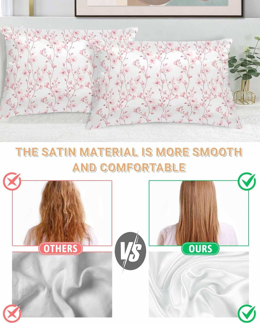 Satin Pillowcase for Hair and Skin Standard Size 2 Pack Pink Floral Satin Pillow Case Soft Breathable Smooth Cooling Silk Flower Tree Branch Pillowcases with Hidden Zipper Throw Pillow Covers 20x26