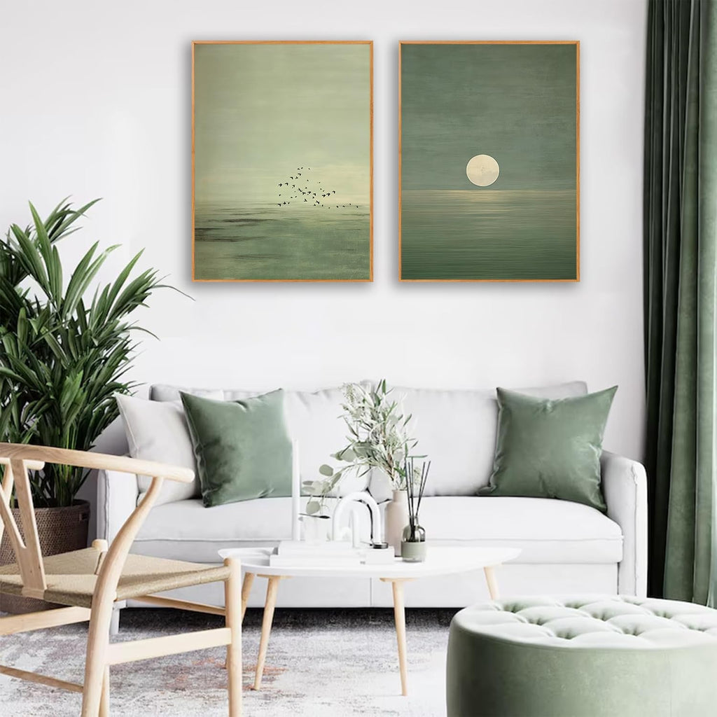2Pcs Japanese Sage Green Wall Art Minimalist Moon and Bird Wall Decor Pictures Japanese Landscape Canvas Posters Prints for Living Room Bedroom Office Zen Home Decoration 12X16in Unframe